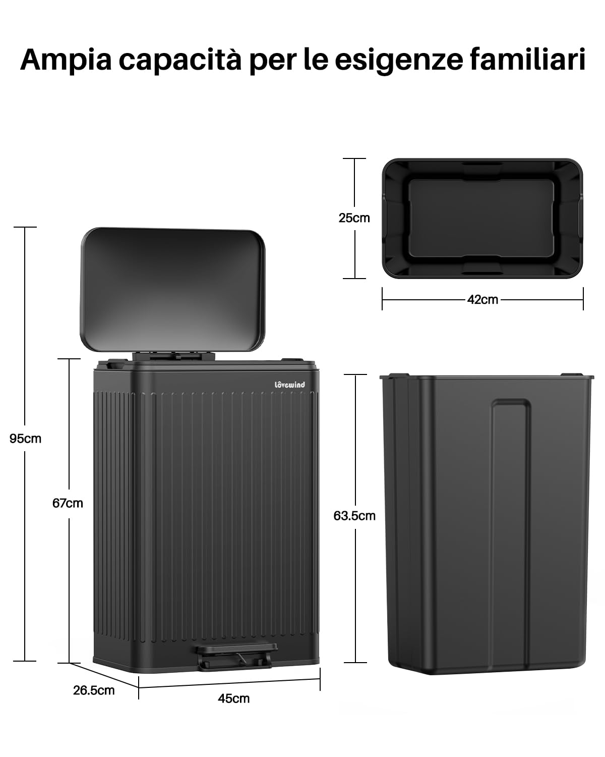 Detalle 2 de lovewind Bidone Spazzatura 60L Cucina Acciaio Inox Nero 🗑