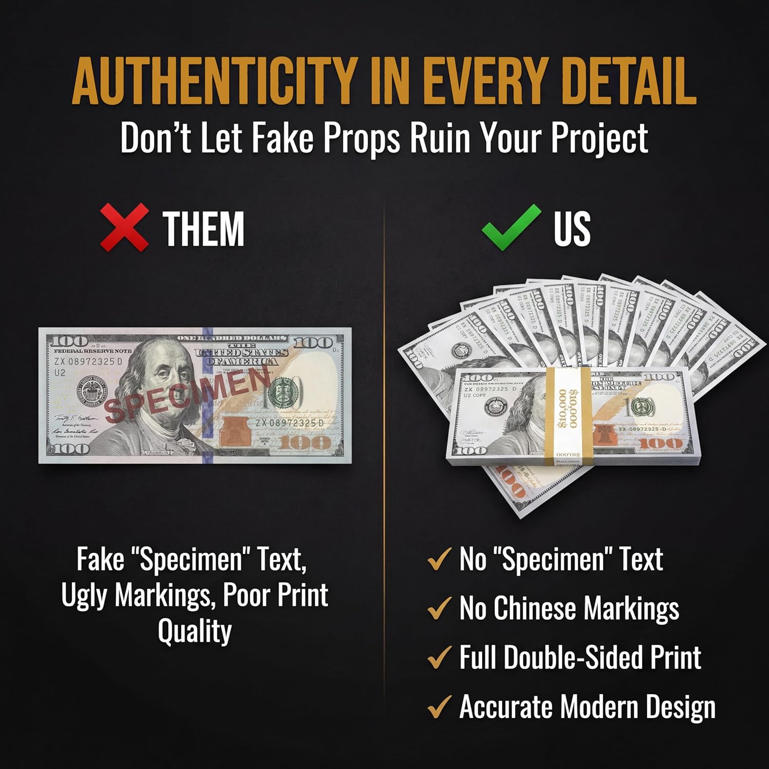 Thumbnail 2 de Big Screen Stacks prop money fake dollars ($10,000 full print) – 100 double-sided notes for film, TV, photography & more (UK)
