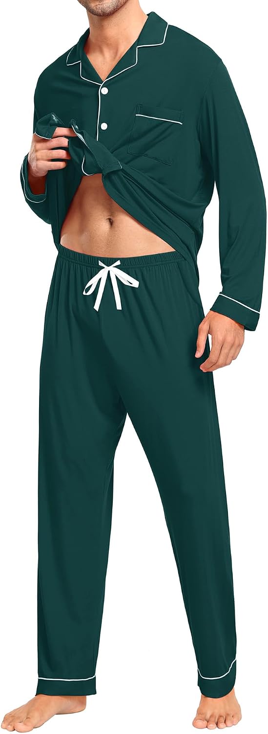 Detalle 2 de SWOMOG Men's Modal Pajama Set with Button-Down Top and Pocketed Pants