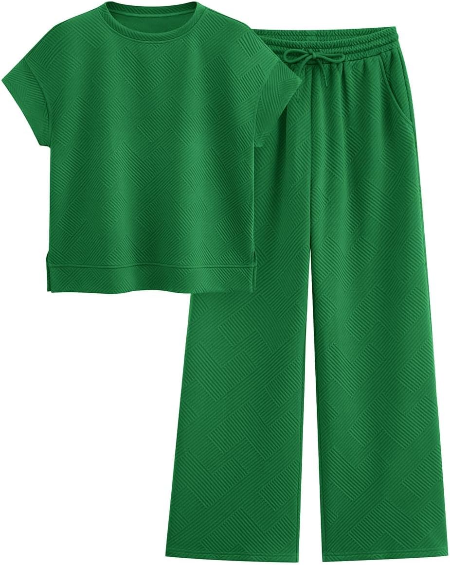 Detalle de PRETTYGARDEN 2 Piece Outfits for Women: Casual Tracksuit Set (Short Sleeve Top + Wide-Leg Pants)