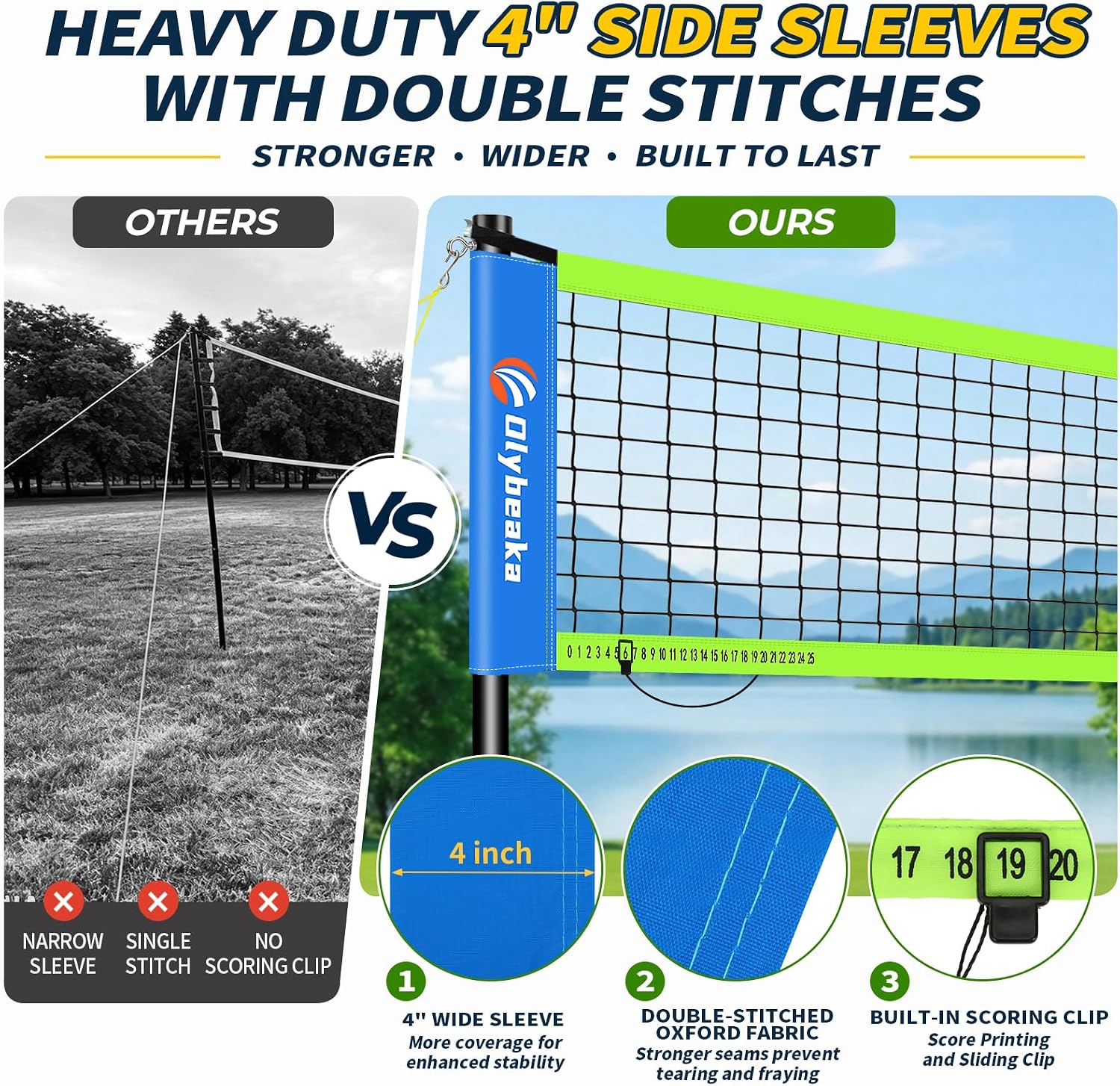 Detalle de Olybeaka 32 ft Portable Volleyball Net Set with 4 Adjustable Heights