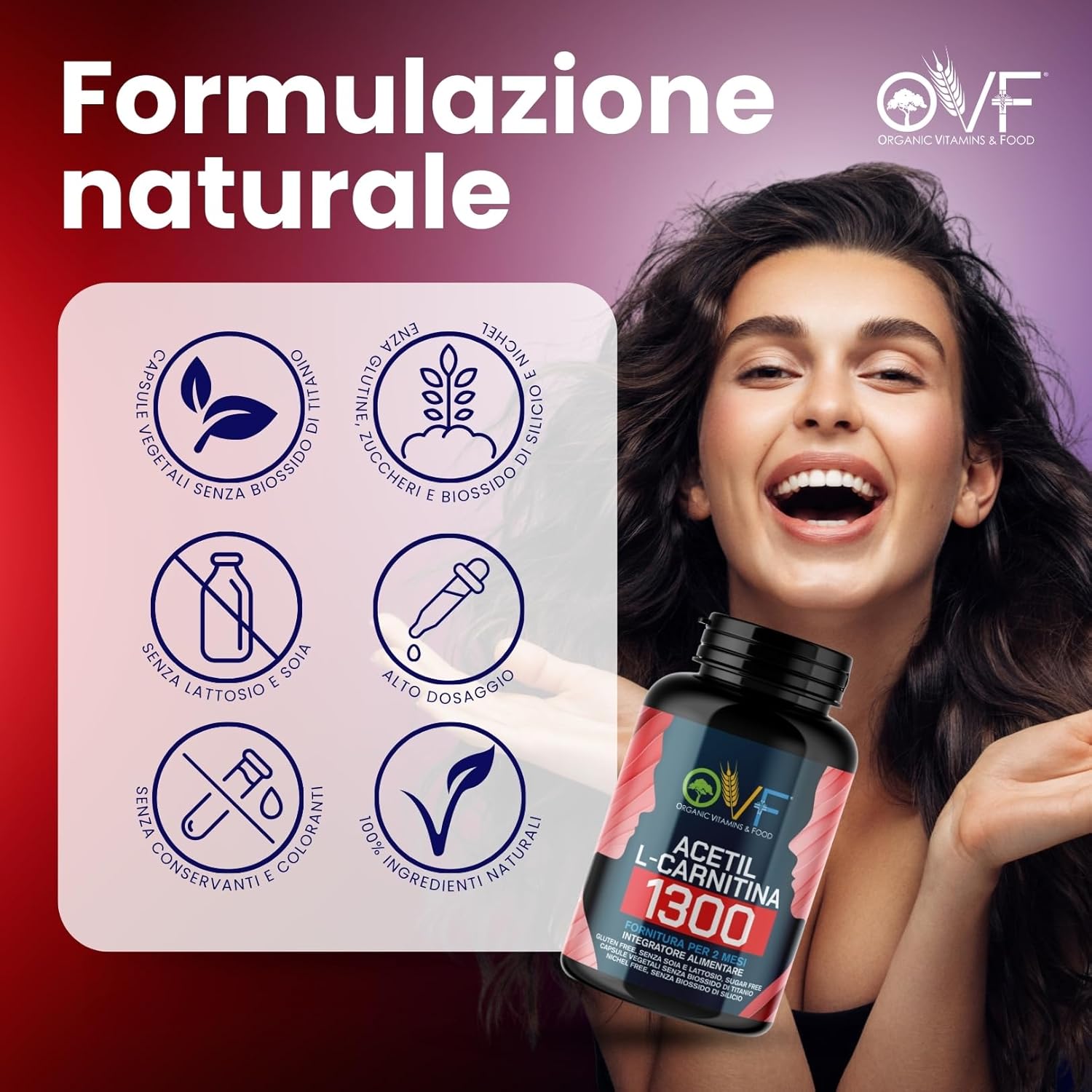 Detalle de OVF Acetil L-Carnitina 1300 mg 120 cps – energia e focus, Made in Italy