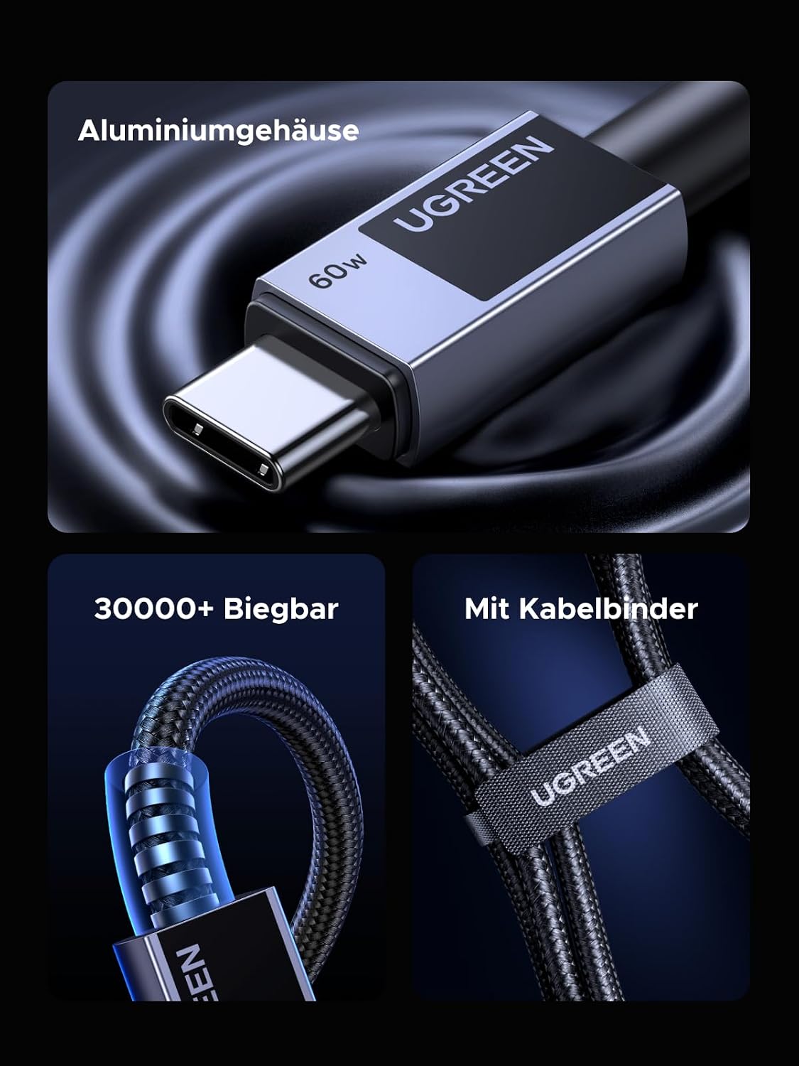 Detalle de UGREEN 60W USB‑C auf USB‑C Kabel PD 3.0 – 3 m