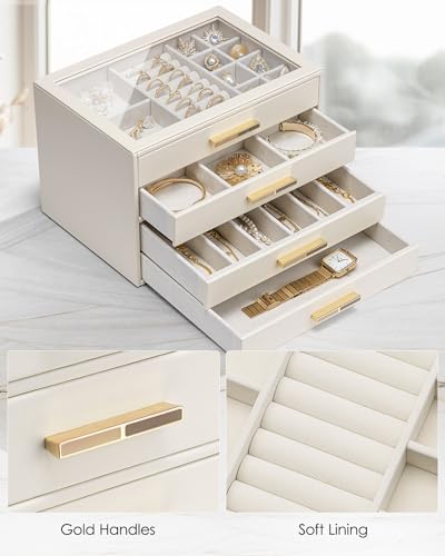 Detalle de VLANDO Boîte à bijoux Grande 4 niveaux avec couvercle en verre et cuir PU – rangement élégant et pratique