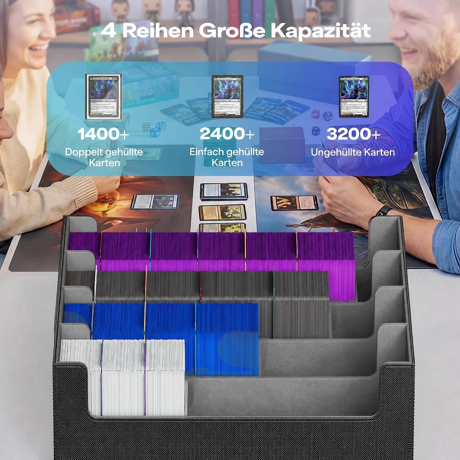 Detalle de UAONO Kartenaufbewahrungsbox für Trading Cards – 4‑Fach Deck Box mit 24 Trennwänden, passt MTG & Co.
