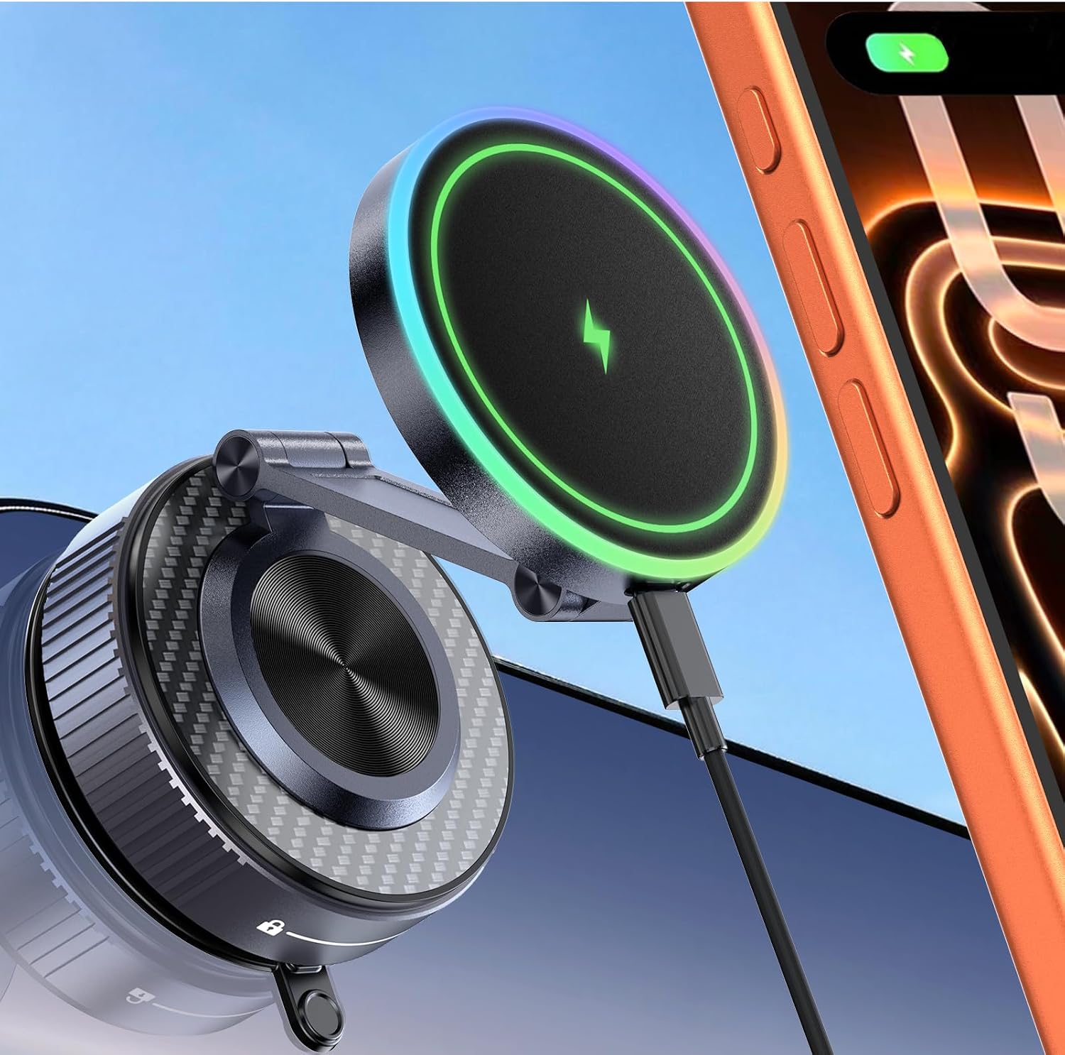 Detalle de visnfa Magsafe Car Mount Charger (15W) with 105+ lb Suction & 360° Adjustable Magnetic Phone Holder