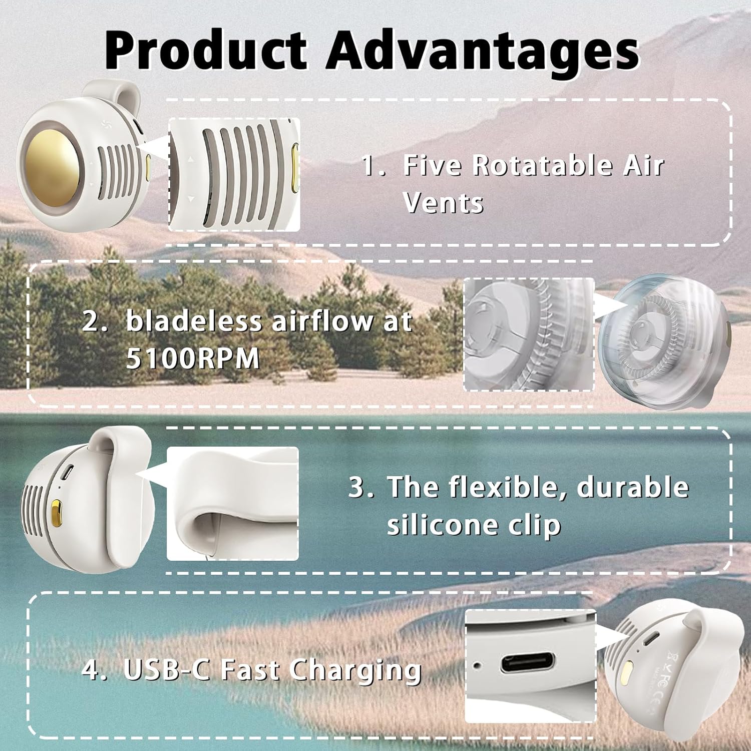 Detalle 2 de Ahuccf Portable Clip-On Fan (White) – 360° Rotatable, 3-Speed USB Rechargeable Bladeless Personal Fan