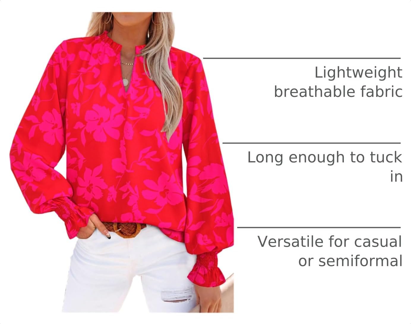 Detalle de MASCOMODA Women's V Neck Floral Long Sleeve Top — Boho Chic for 2026 Summer