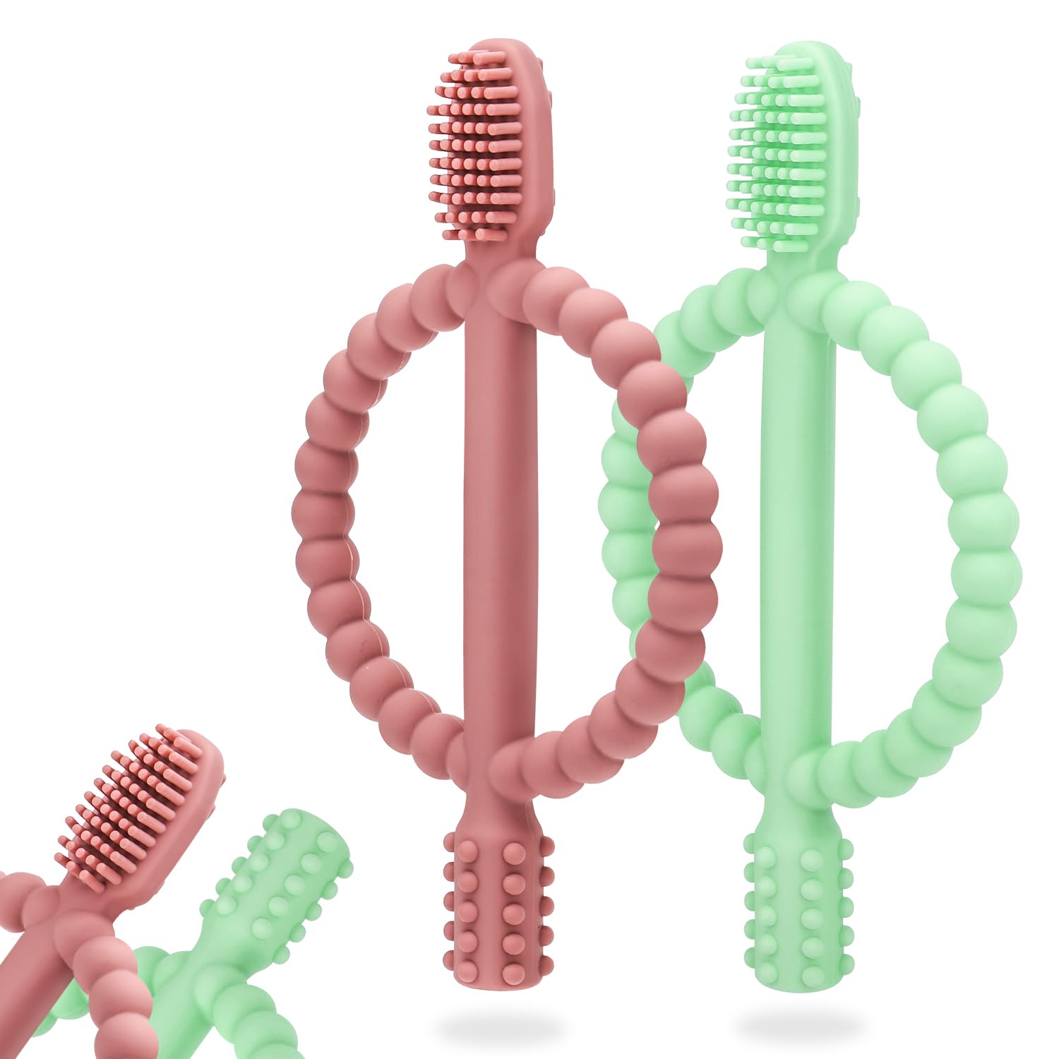 Baby Teething Toys with Easy-Hold Handle, Silicone Infant Toothbrush (0–12 Months) — Bright Green & Caramel