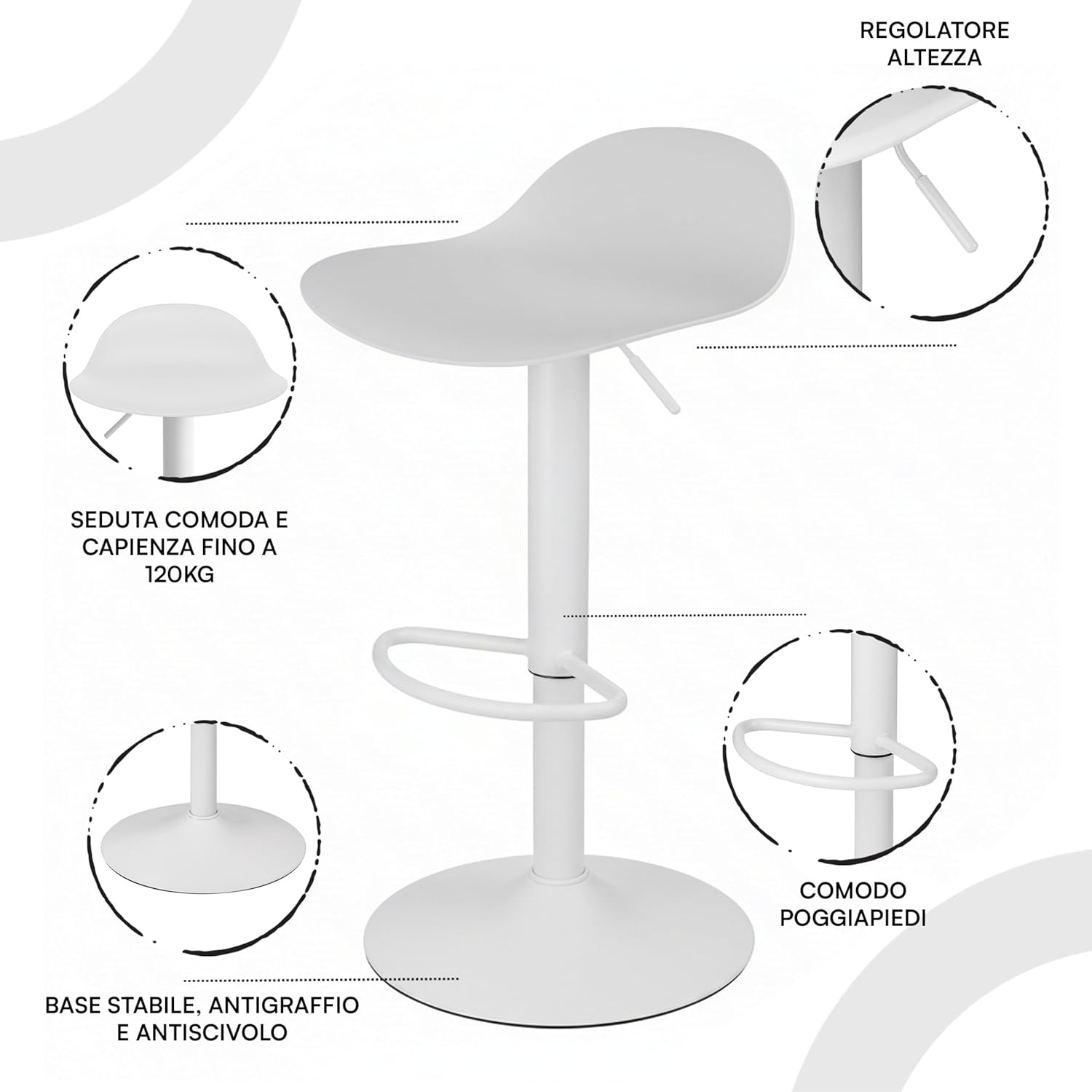 Detalle de Baroni Home Sgabello girevole con Altezza Regolabile – 40x40x64-86 cm, Bianco