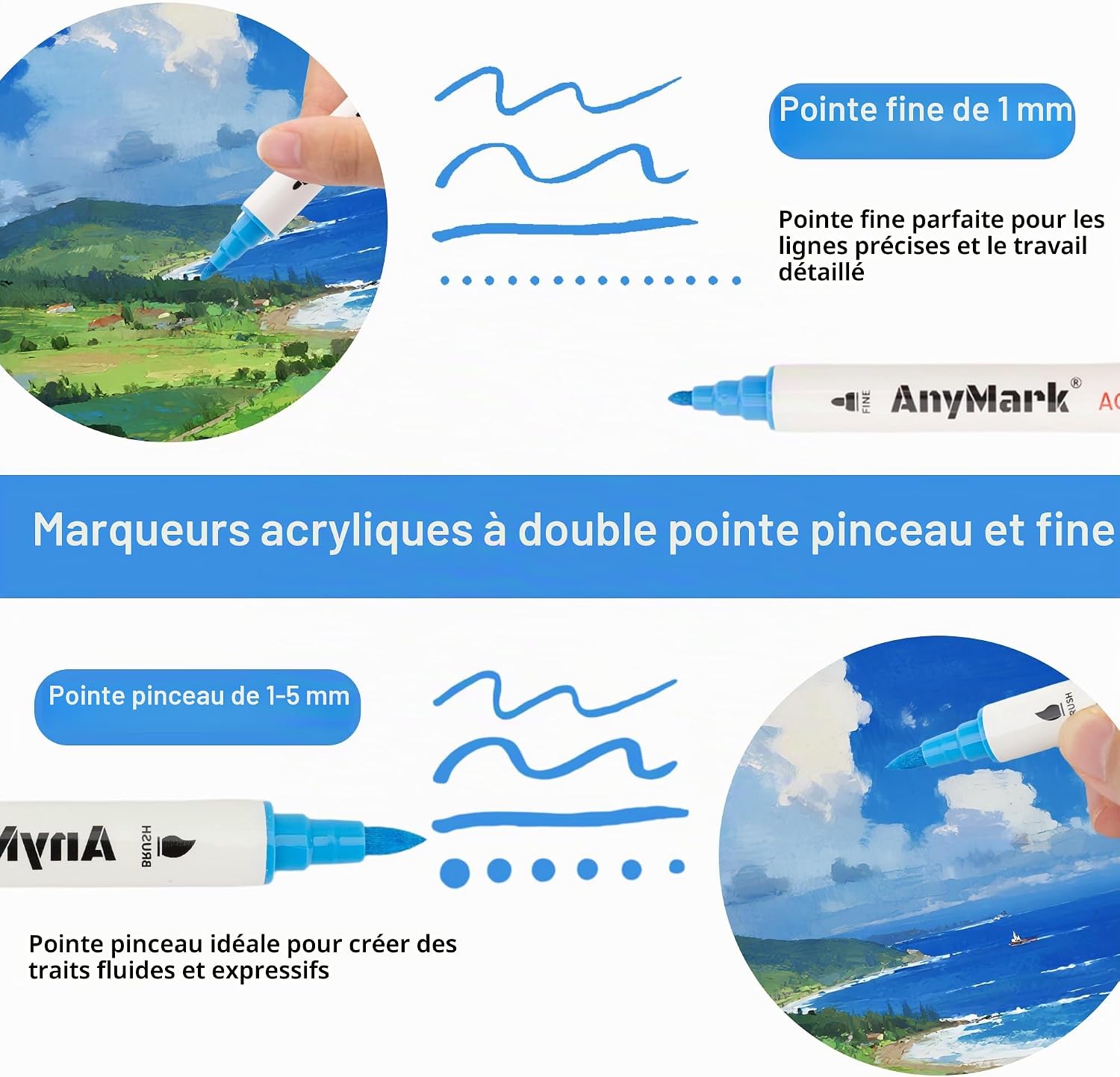 Detalle de AnyMark 24 Couleurs Feutre Acrylique – marqueurs à double pointe (pinceau et pointe fine) pour surfaces variées