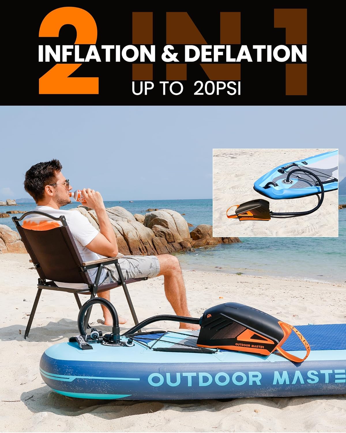 Detalle de OutdoorMaster Shark 3 elektrische SUP-Pumpe mit Akku (bis 20 PSI, 3'50" pumpen, Type-C & 12V/15,8V)