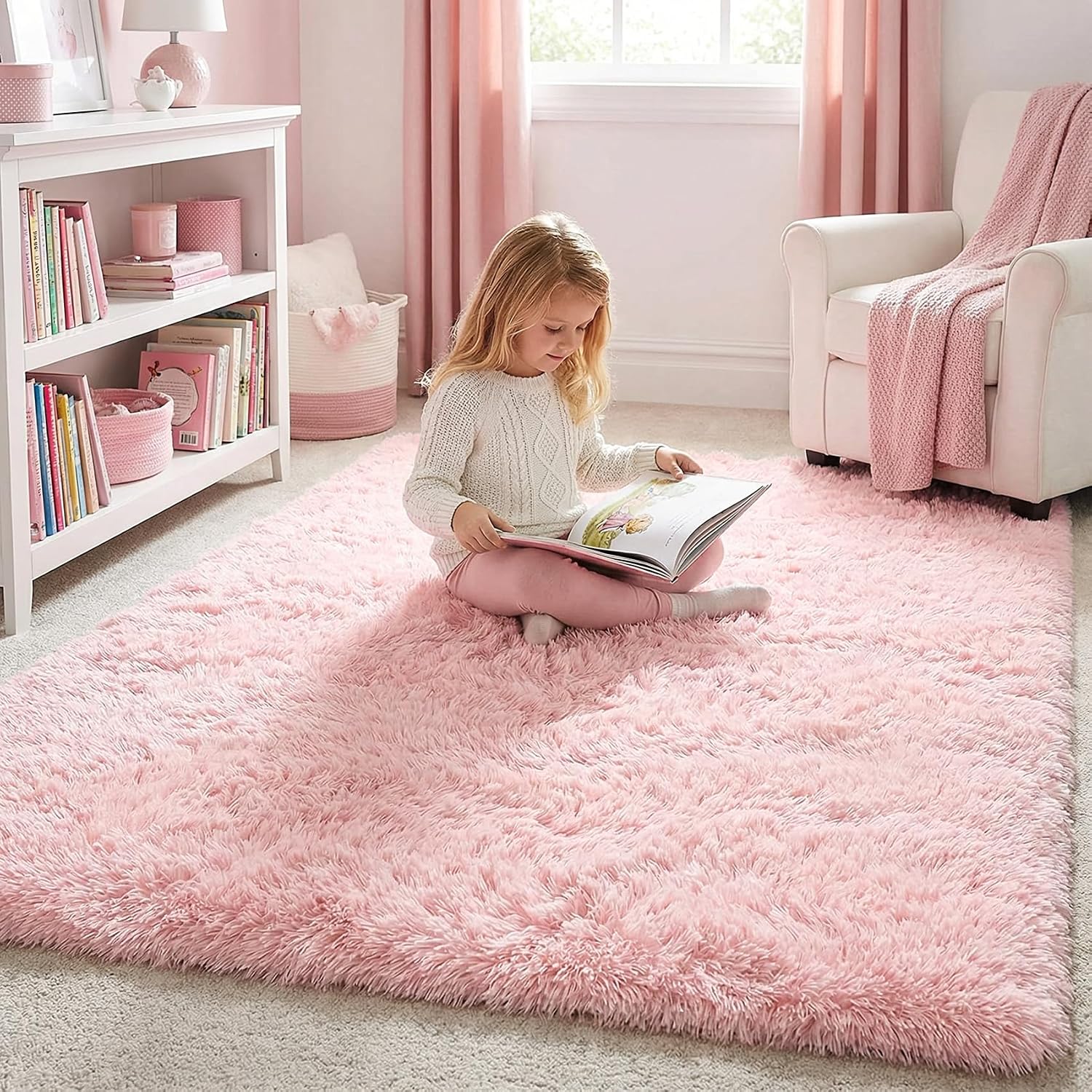 Detalle 1 de Amdrebio 4x6 Pink Rug, Plush High-Pile Polyester Area Rug