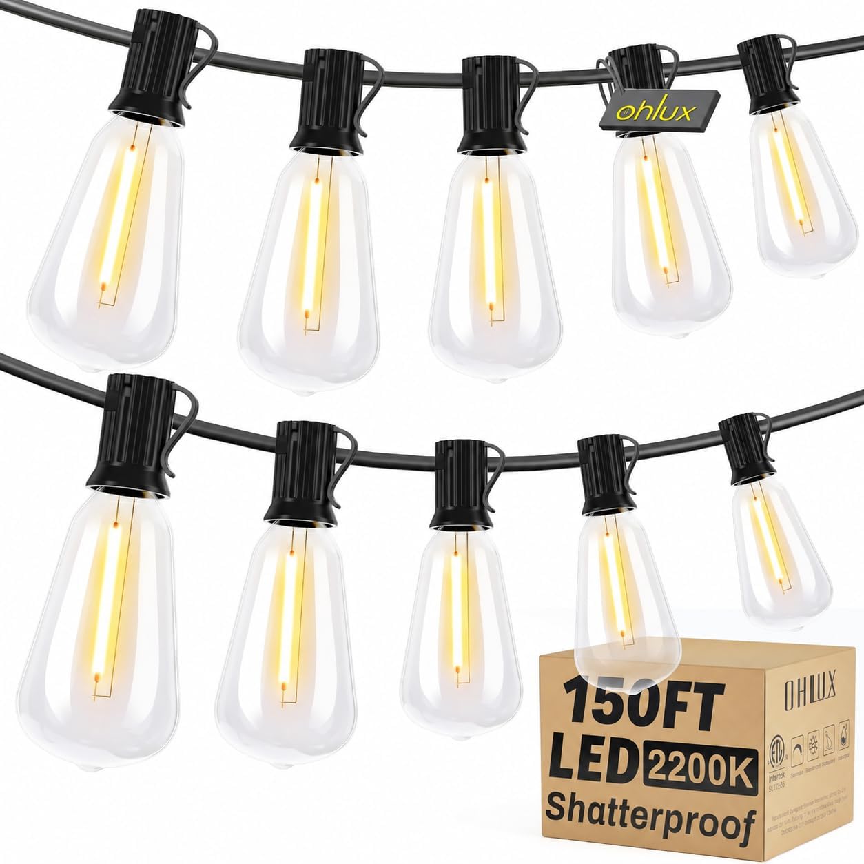 Detalle de OHLUX GLS-20J2P-E17-ST38- Outdoor String Lights, 150 ft, 62 Warm LED Bulbs