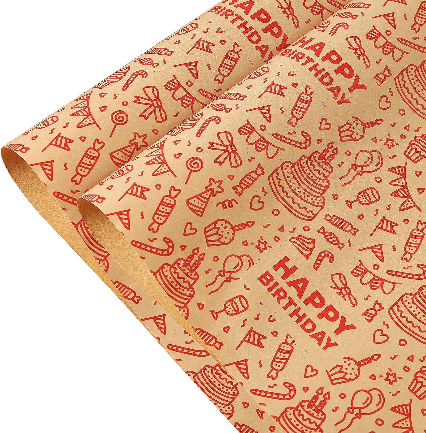 Detalle de Birthday Wrapping Paper: Red Kraft Roll, 50x70cm (8 sheets) - Classic Recyclable Gift Wrap
