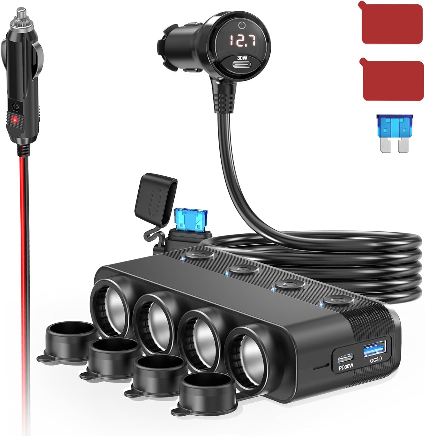 Thumbnail 6 de PD 30W 12V Verteiler 200W KFZ-Zigarettenanzünder Adapter mit Schalter & 4× USB – 3 Mehrfachsteckdosen