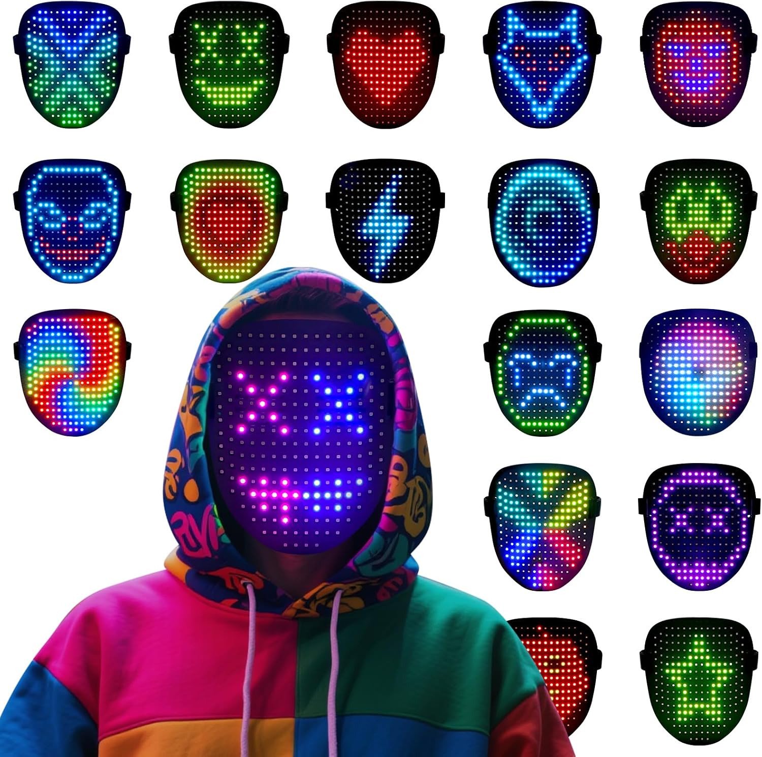 arscniek LED Light-Up Mask, Gesture Control, Rechargeable, 50 Patterns