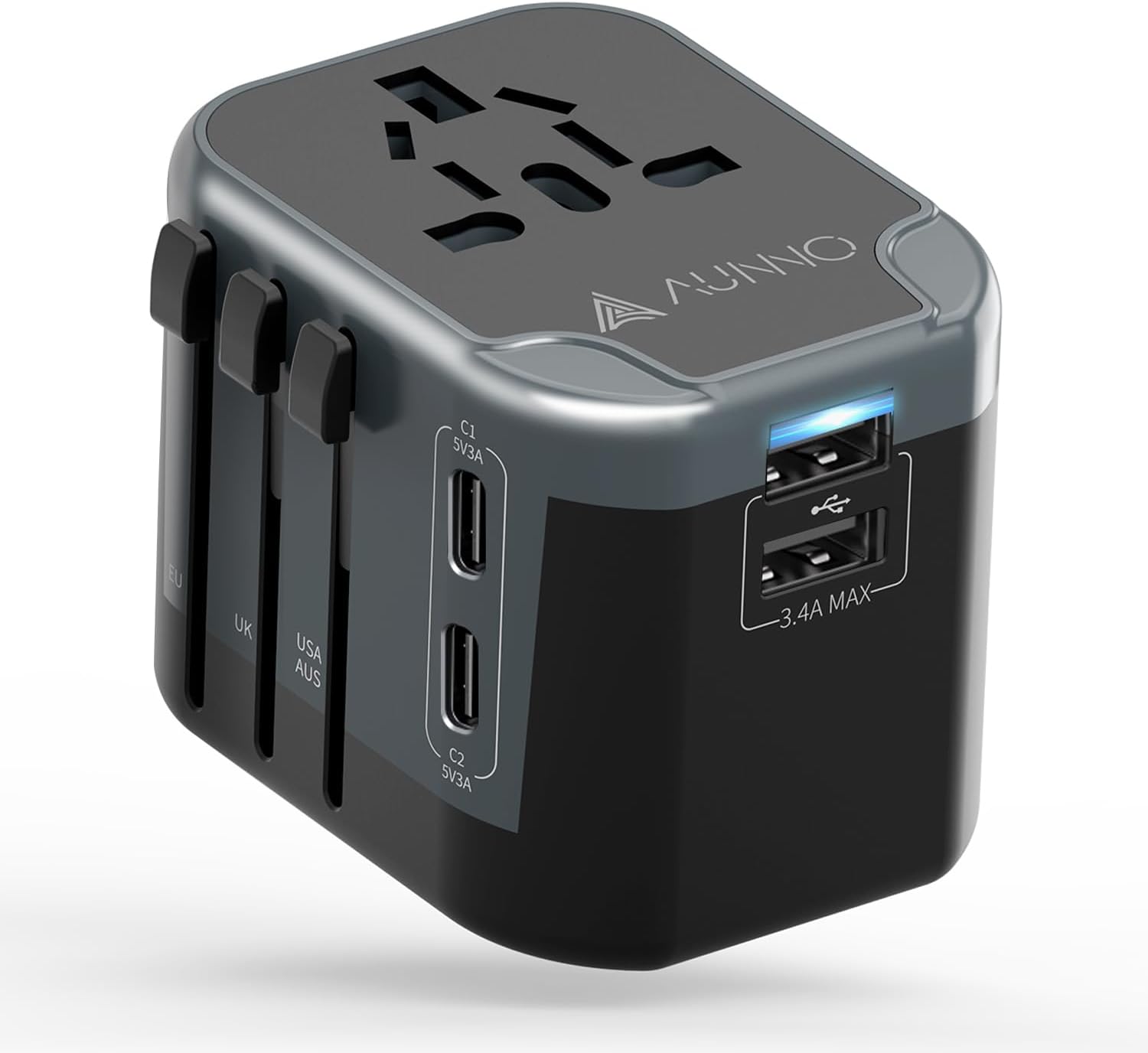 Detalle de AUNNO Universal Travel Adapter with 2 USB-C and 2 USB ports 🔌