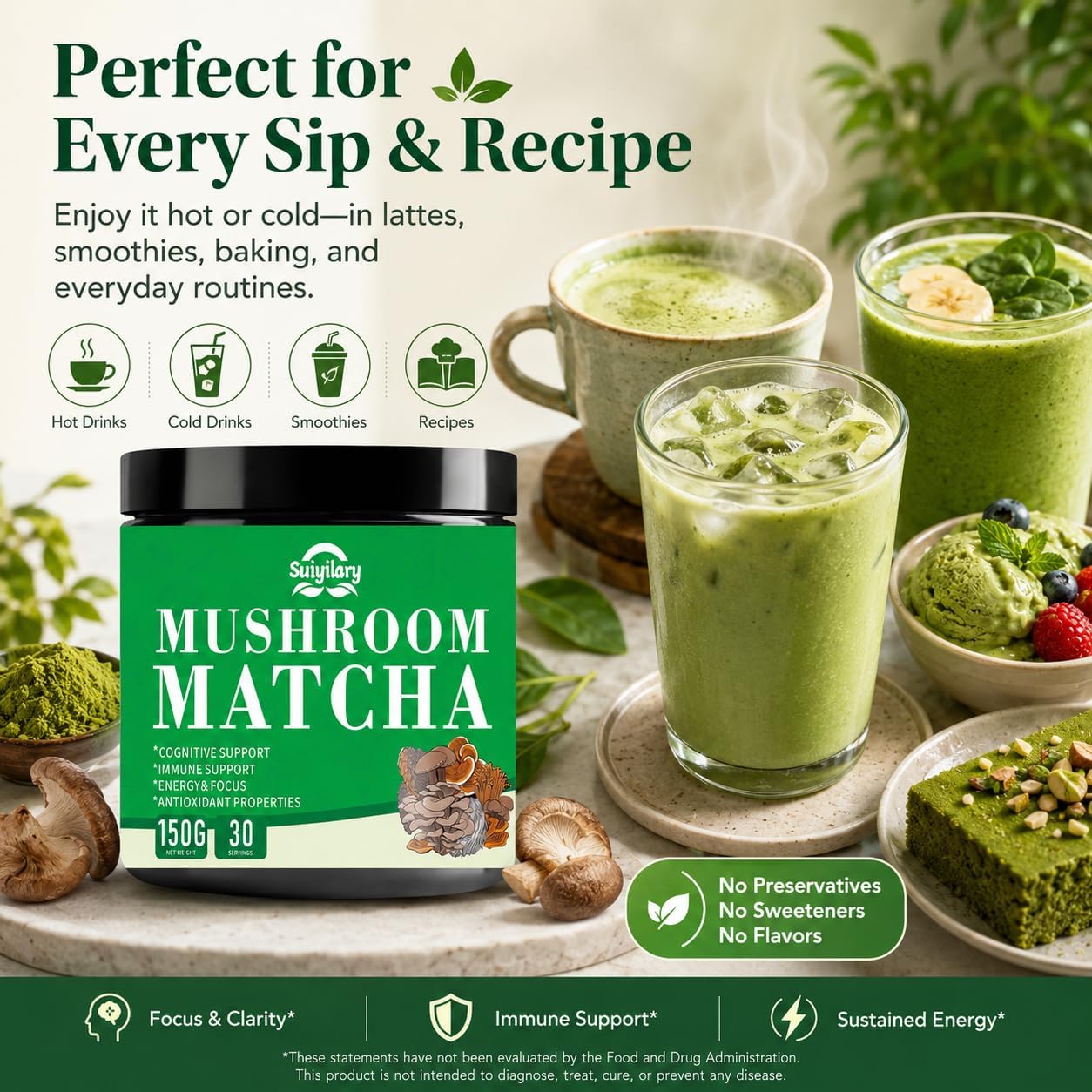 Thumbnail 1 de Suiyilary Mushroom Matcha Powder, 7 Mushroom Blend with MCT Oil, 150g