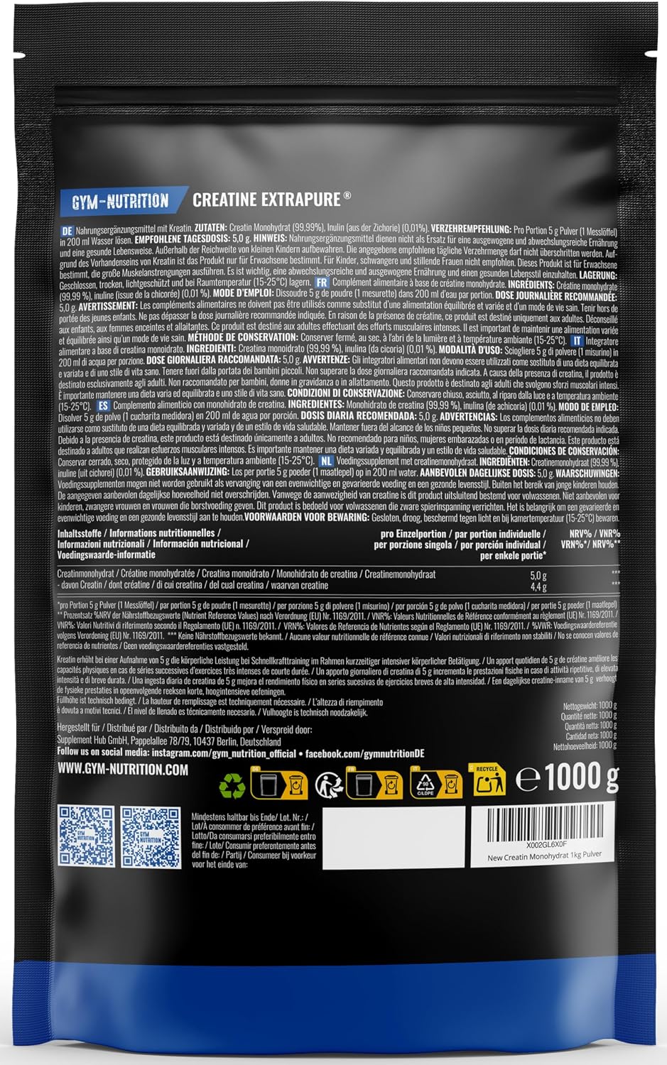 Detalle 2 de Creatin Monohydrat Pulver 1kg hochdosiert