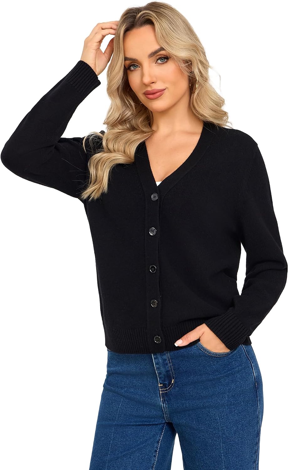 Thumbnail 4 de VETLURY Strickjacke für Damen – 100% Merinowolle, V-Ausschnitt, grobe Front & Perlmuttknöpfe
