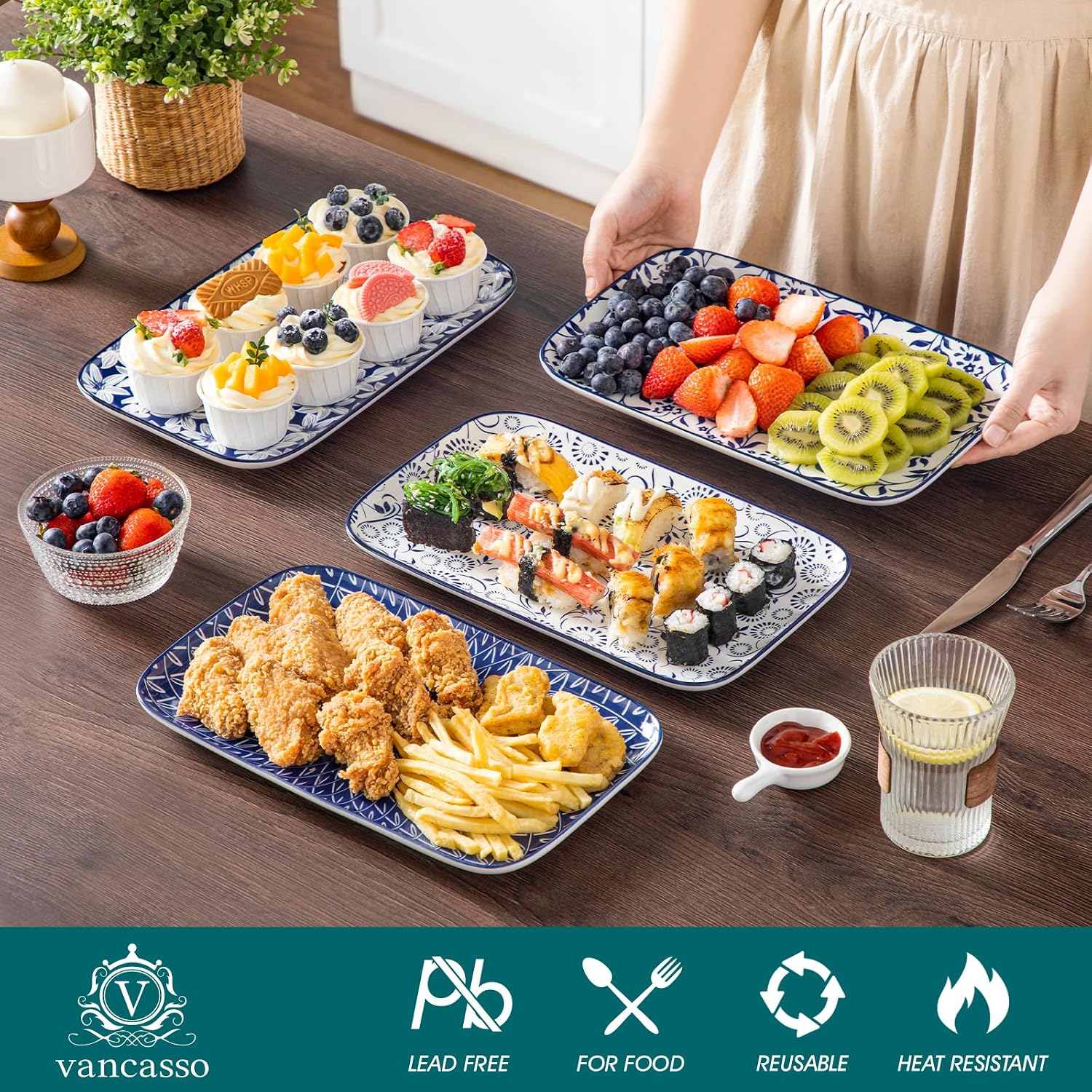 Detalle de Vancasso SELENE Porcelain Serving Trays – 4-Piece Set (12" x 7.4")