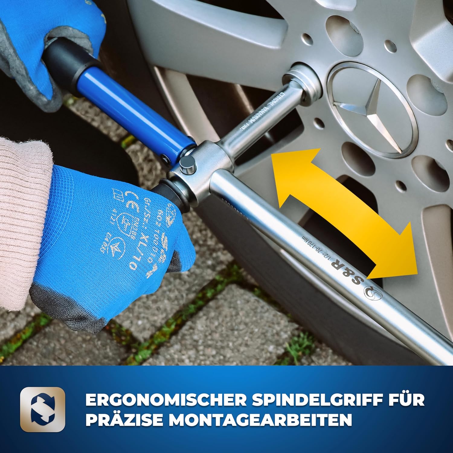 Detalle de S&R Kreuz-Drehmomentschlüssel-Set 1/2 Zoll (70–170 Nm) mit 3 Stecknüssen 17/19/21 mm im Koffer