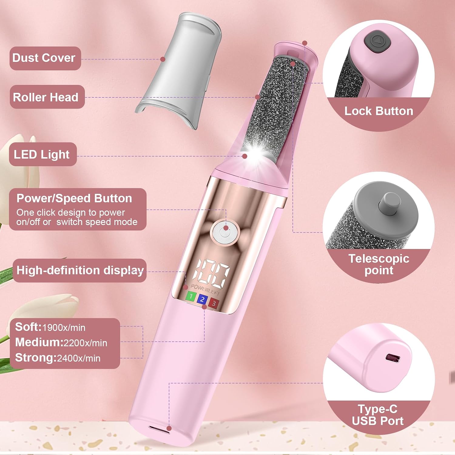 Detalle de Dongxw Electric Foot File with 3 Speeds and 3 Rollers (Pink)