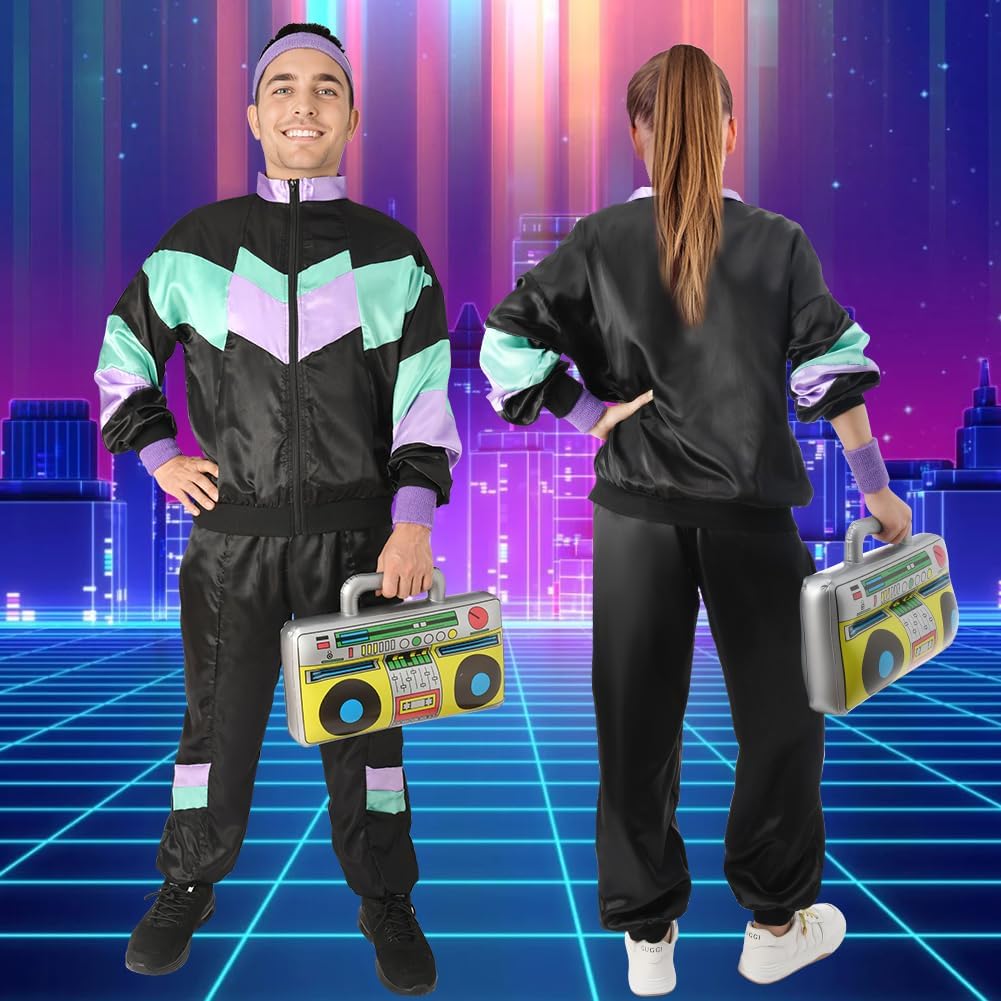 Detalle de Déguisement années 80 Aomig pour homme & femme – veste, pantalon et accessoires rétro disco (vert foncé, M)