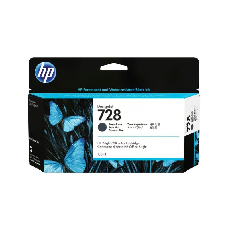 Detalle de Cartucho HP DesignJet 728 negro mate 130 ml – rendimiento profesional para impresión CAD