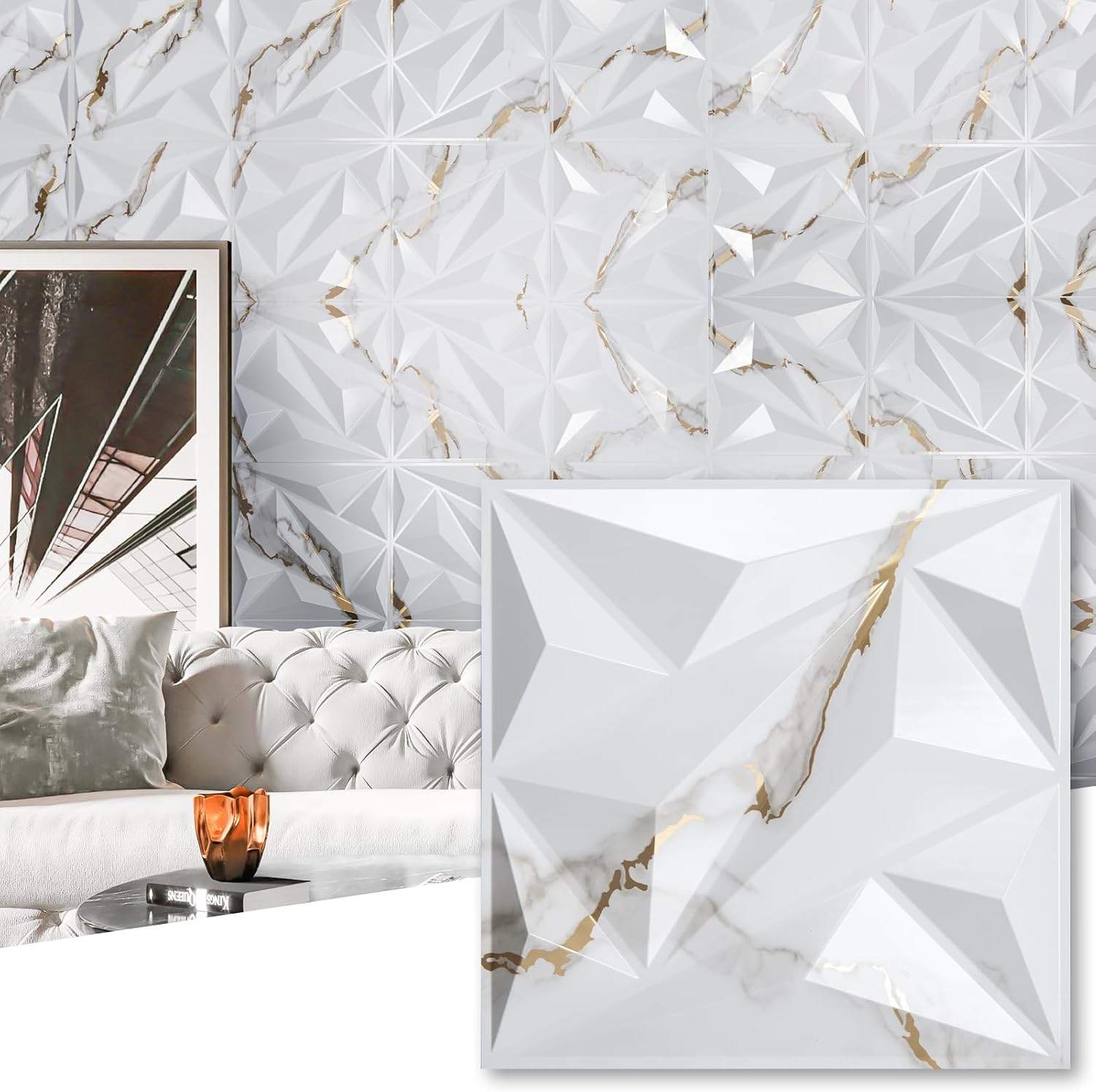 Detalle de Art3dwallpanels 3D Diamond Wall Panels, 33-Pack, Gold Veined White, 12" x 12