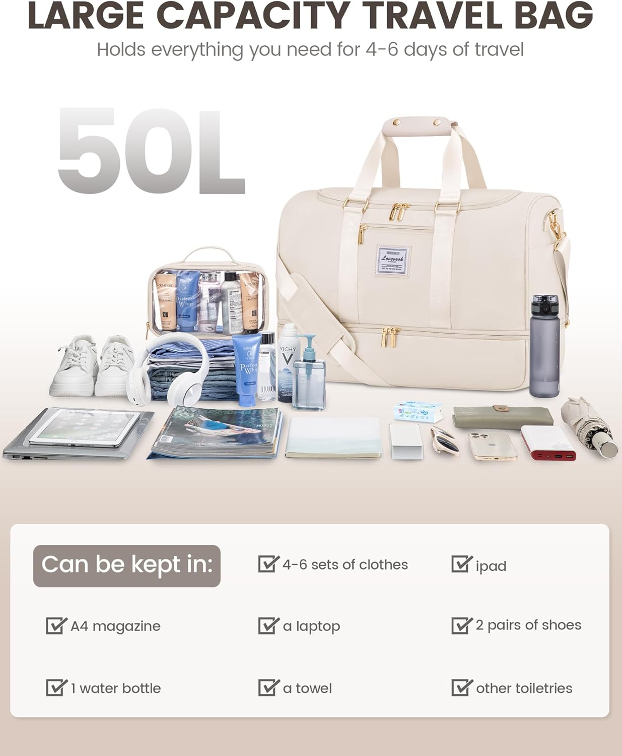 Thumbnail 4 de LOVEVOOK Sporttasche Groß 50L – Reisetasche mit Schuhfach, Nassfach und Kulturbeutel, Beige