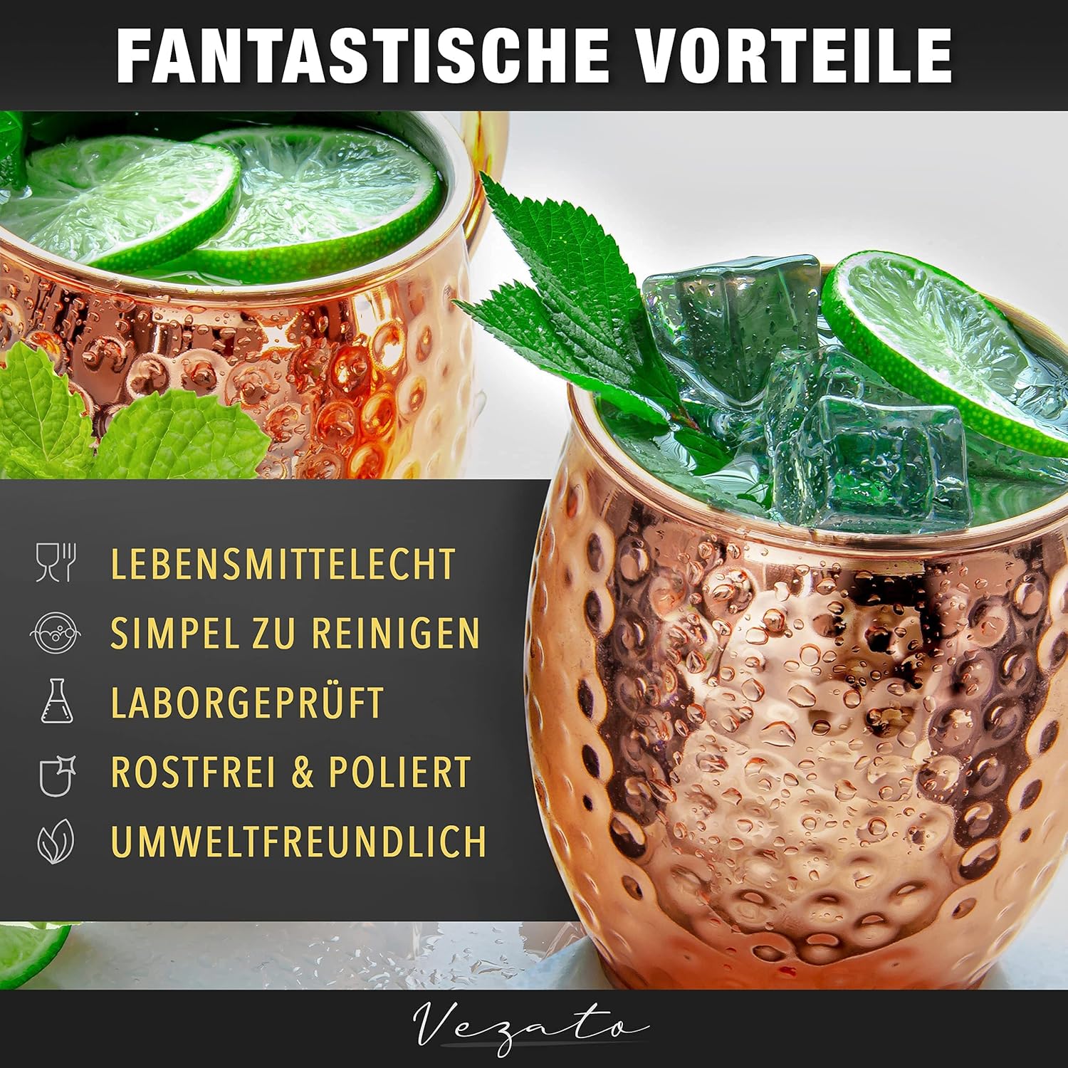 Detalle de Vezato Moscow-Mule-Becher 500 ml – gehämmert, rostfreier Edelstahl mit Kupferbeschichtung, 4er Set inkl. Strohhalmen