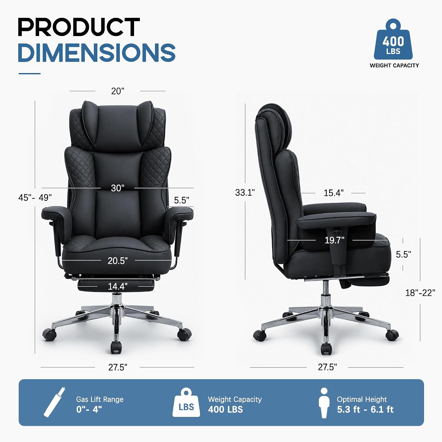 Detalle de Daeorio HXCH001-Black Big and Tall Office Chair with Footrest, Reclining Faux Leather