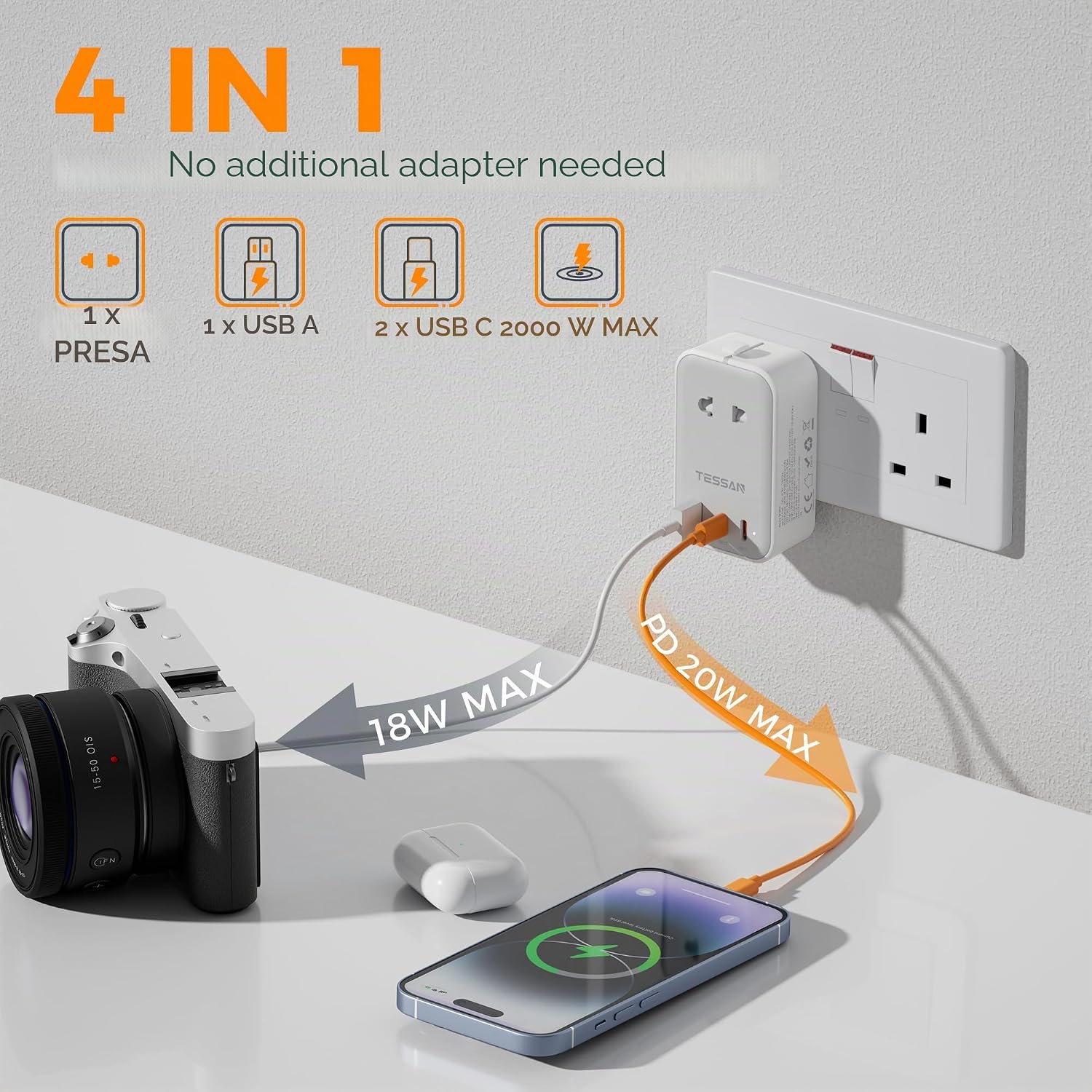 Detalle 2 de TESSAN Adattatore da Viaggio Universale PD 20W: 4-in-1 con 2 USB-C e 1 USB-A