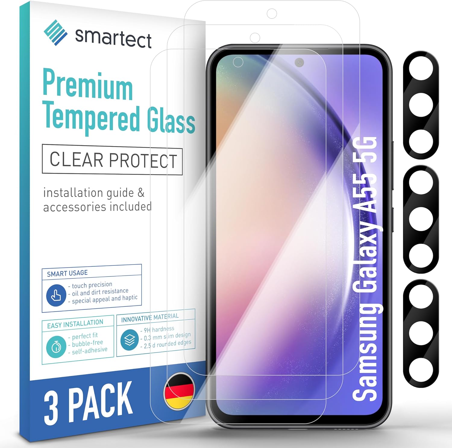 Detalle de SmarTect Glass Screen Protector for Samsung Galaxy A55 5G, 9H Glass and Camera Covers