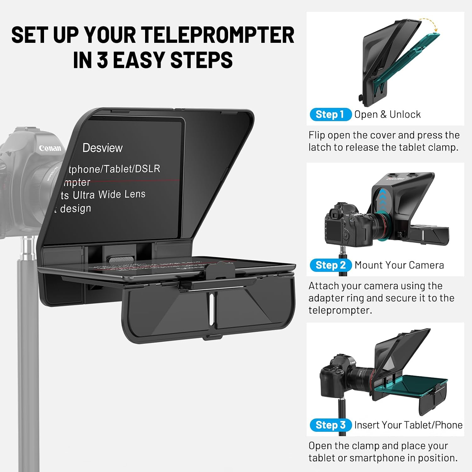 Thumbnail 1 de Desview T5 Teleprompter für Smartphone, Tablet und DSLR-Kamera – inkl. Bluetooth-Fernbedienung, App-Unterstützung und 11 Zoll Kompatibilität