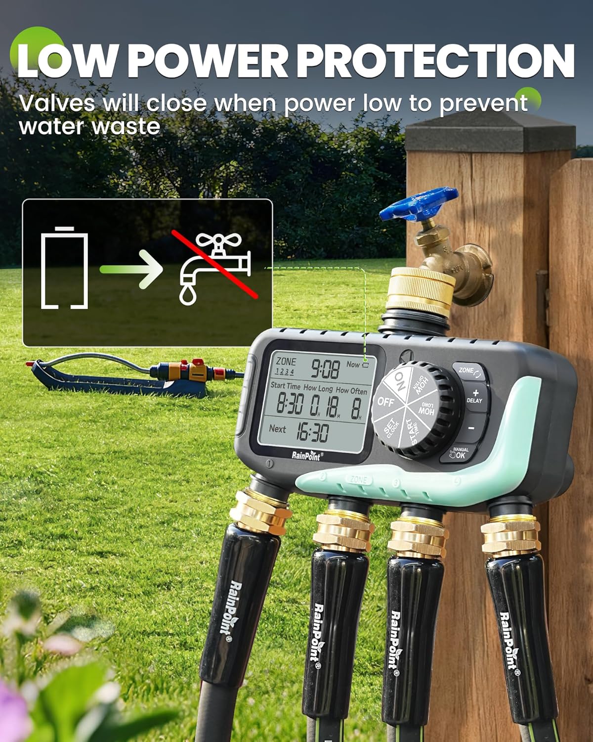 Thumbnail 6 de RAINPOINT 4 Zone Water Timer with Brass Inlet & Outlet – IP65, Rain Delay & Manual Control