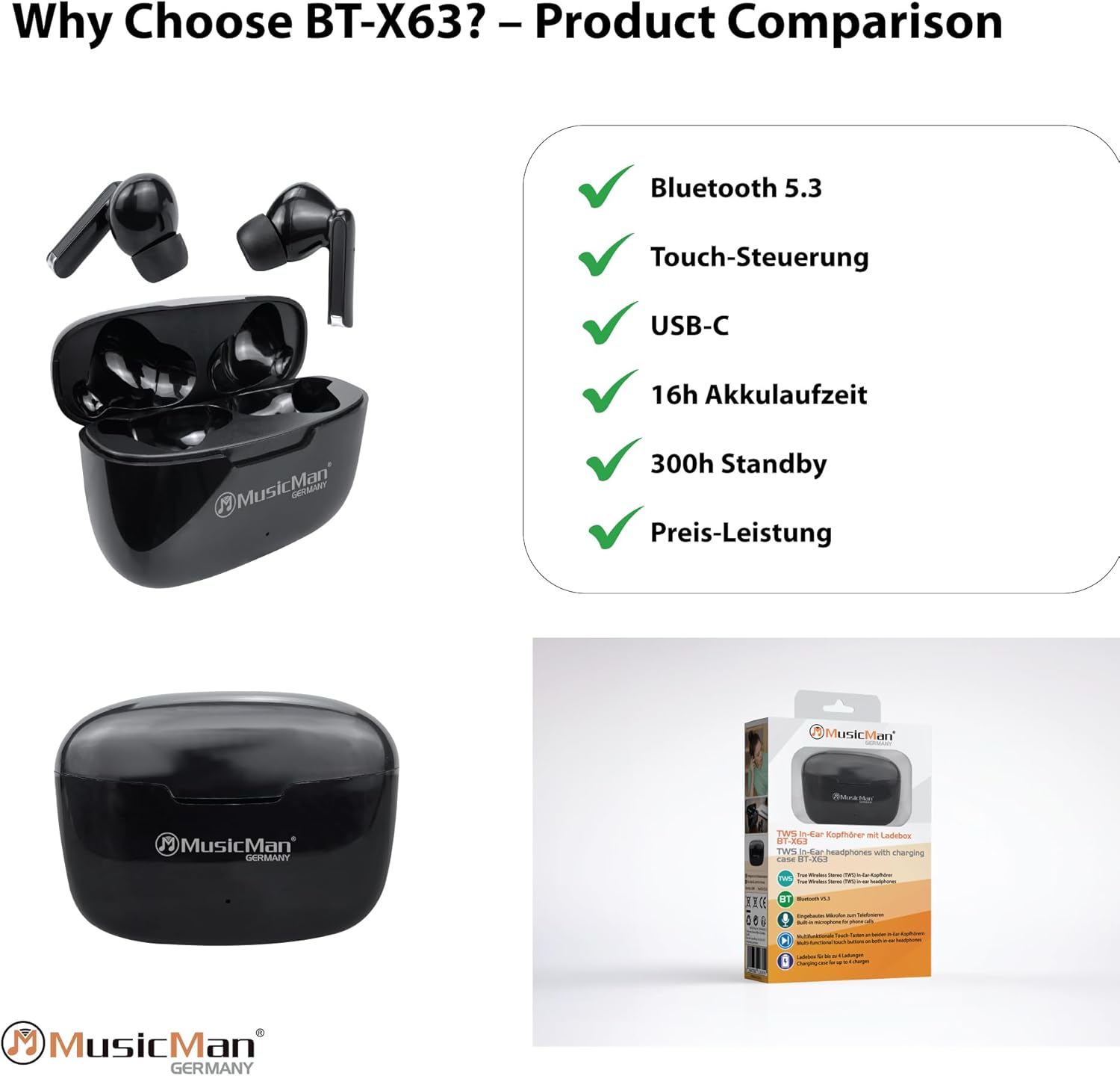Thumbnail 6 de MusicMan Bluetooth In-Ear Kopfhörer mit Ladebox – True Wireless BT-X63 (Schwarz) – 16 h Wiedergabe