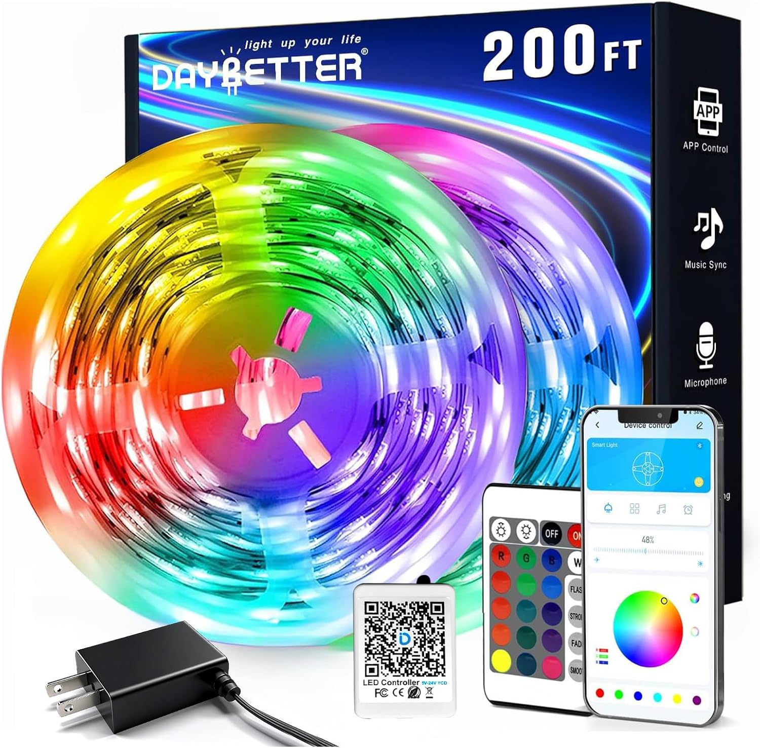 Detalle de DAYBETTER DCF0223124G-DAUS0 RGB LED Strip Lights, 200 ft, App and Remote Control