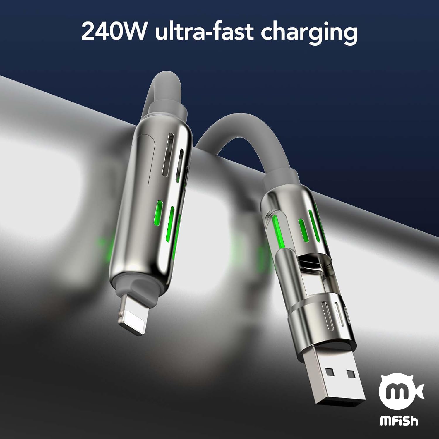 Detalle de MFish 4-in-1 USB-C Charging Cable (240W) with Built-In PD3.1 E-Marker, 6.6 ft, Grey