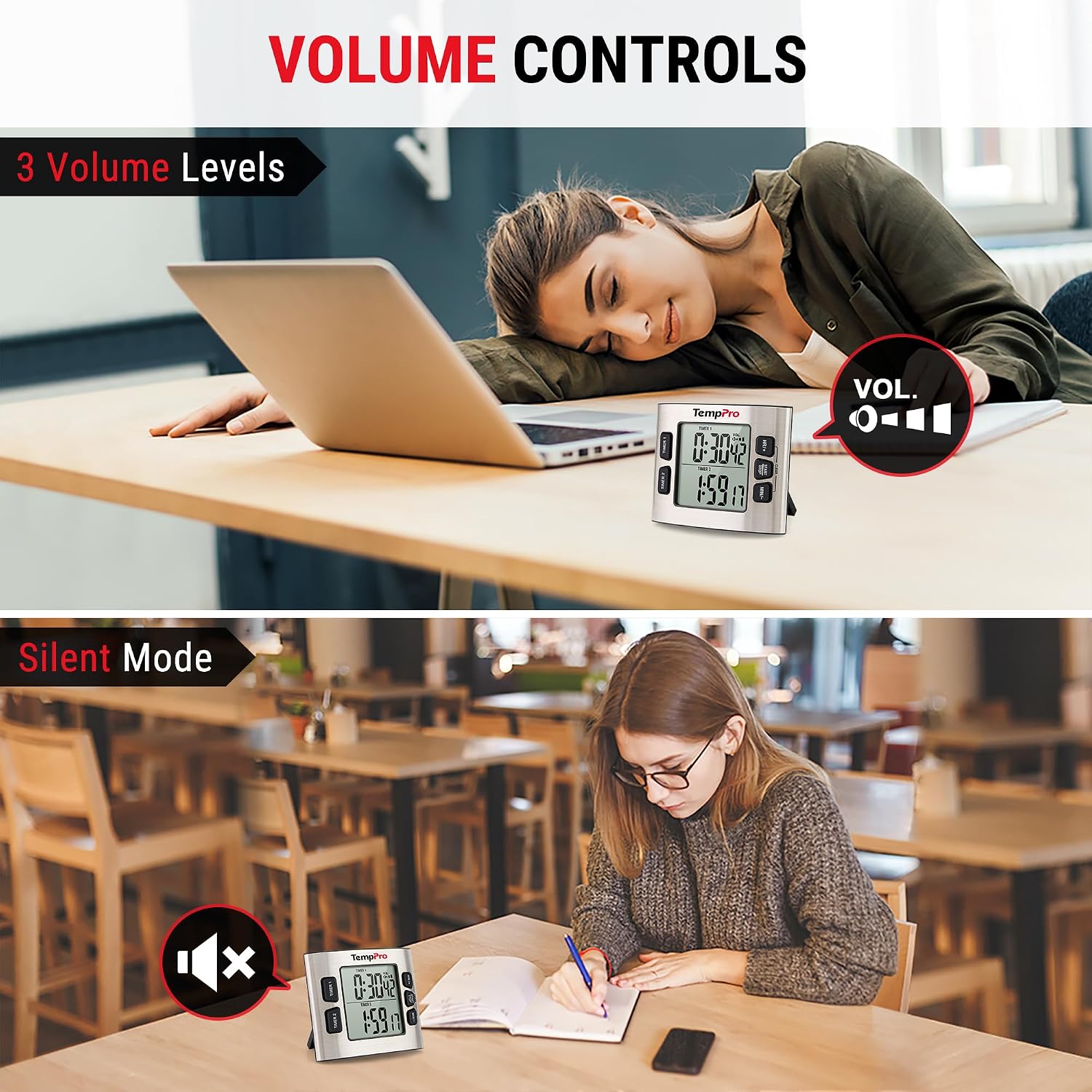 Detalle de TempPro TM02 digitale keukentimer met dubbele timer en rvs behuizing