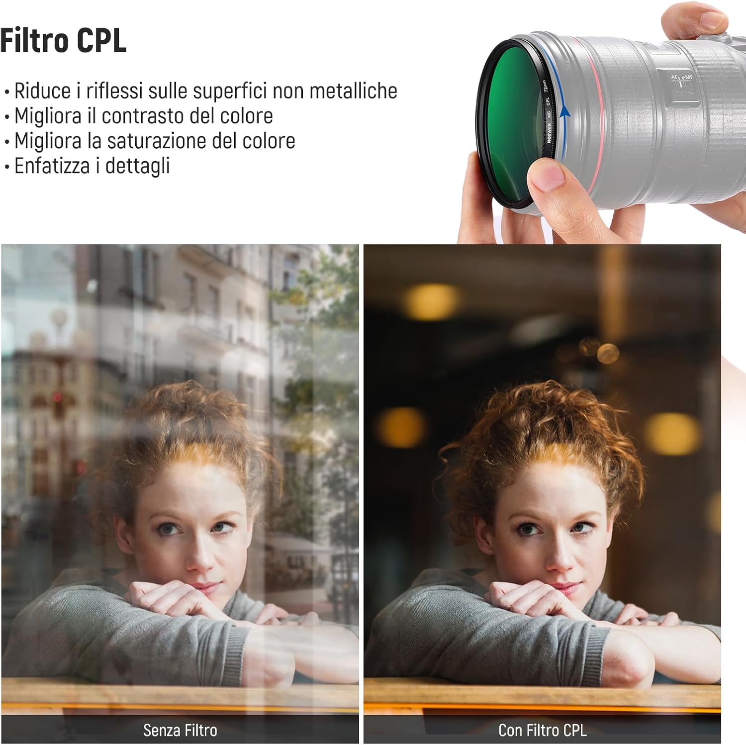 Detalle de NEEWER Kit Filtri 72mm UV, CPL e ND4 con Custodia Rigida – Set completo per obiettivi 72mm