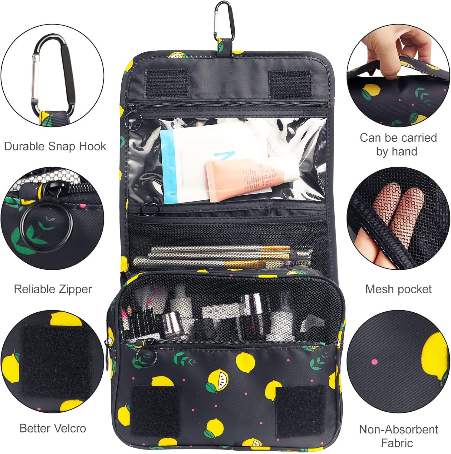 Thumbnail 1 de Hanging Wash Bag with Carabiner – Travel Toiletry Bag for Women, Men and Kids (Black)