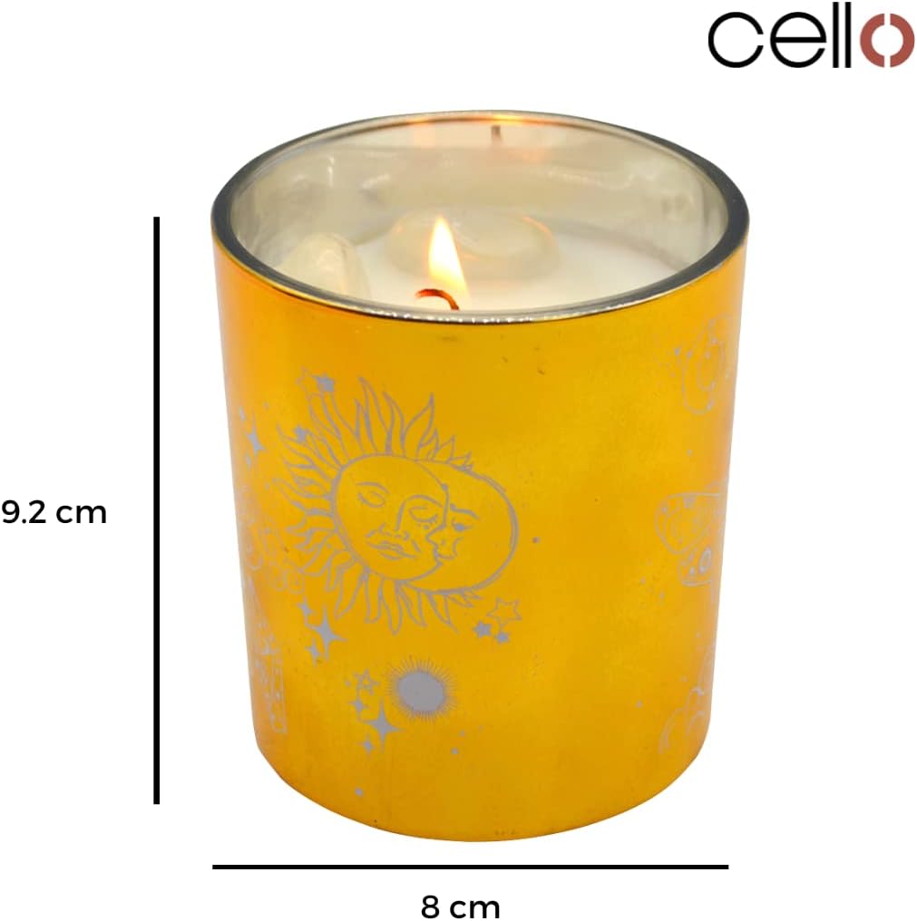 Thumbnail 1 de Cello Celestial Scented Candle with Clear Quartz Gemstones (Metallic Gold Wax) – Mystic Clearing