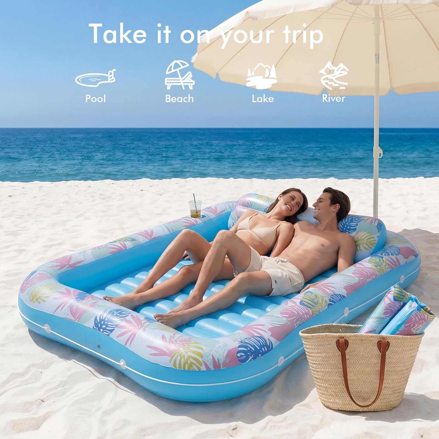 Thumbnail 4 de OKSUWATER Tanning Pool Lounger Float (87" x 63", Blue, XL) with Headrest, Cup Holder, and Heavy-Duty Design