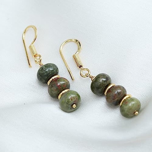 Detalle de GEMPires Natural Gemstone Rondelle Bead Earrings for Women, Unakite – 8mm Lightweight Handmade Drops