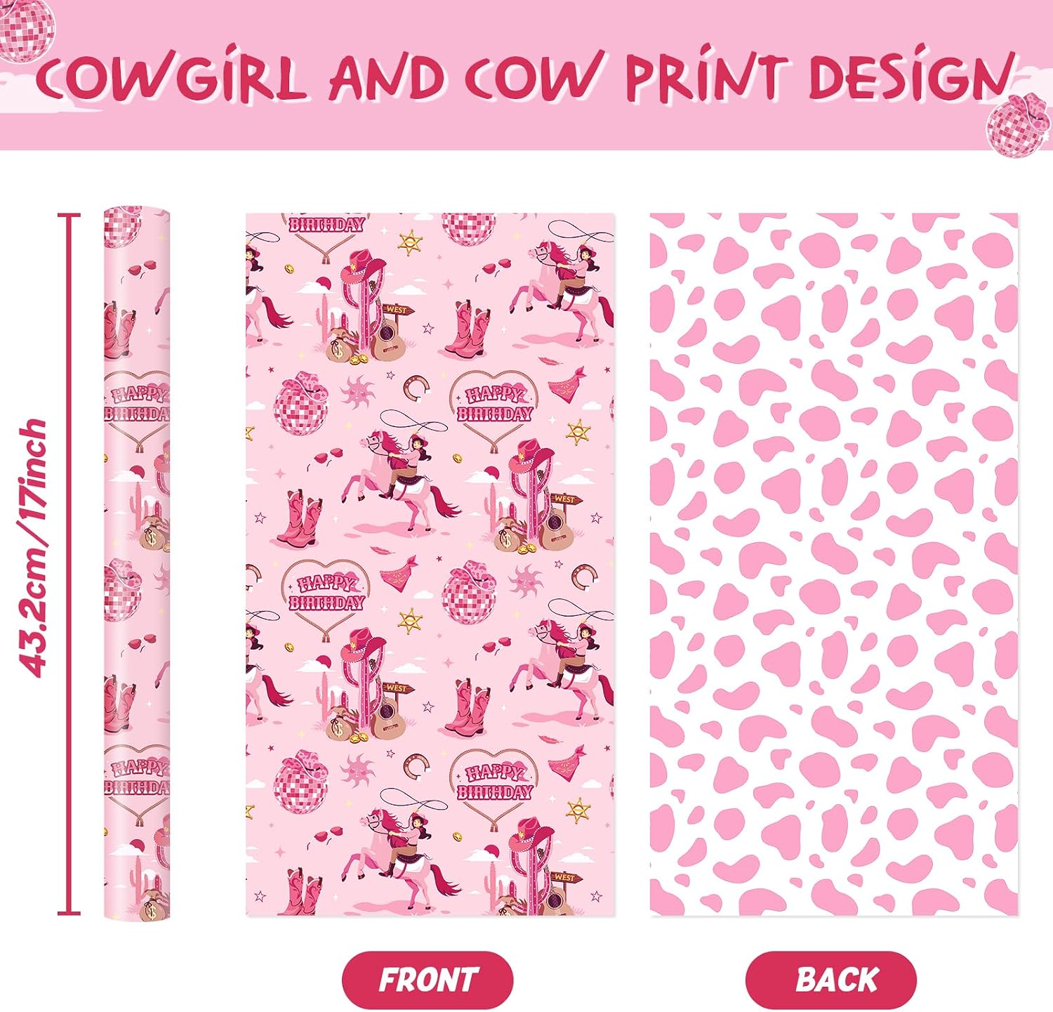 Detalle de WERNNSAI Western Geschenkpapier – 1 Rolle Rosa (43 cm x 5 m) mit Cowgirl- und Kuh-Muster