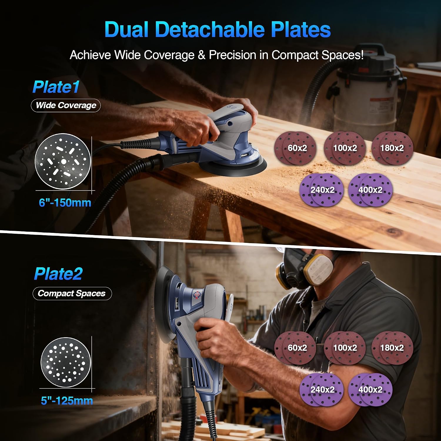 Thumbnail 1 de HeroJet Brushless Random Orbital Sander with 150mm/125mm Plates, 7 Speed Control and BrakeSnap stopping