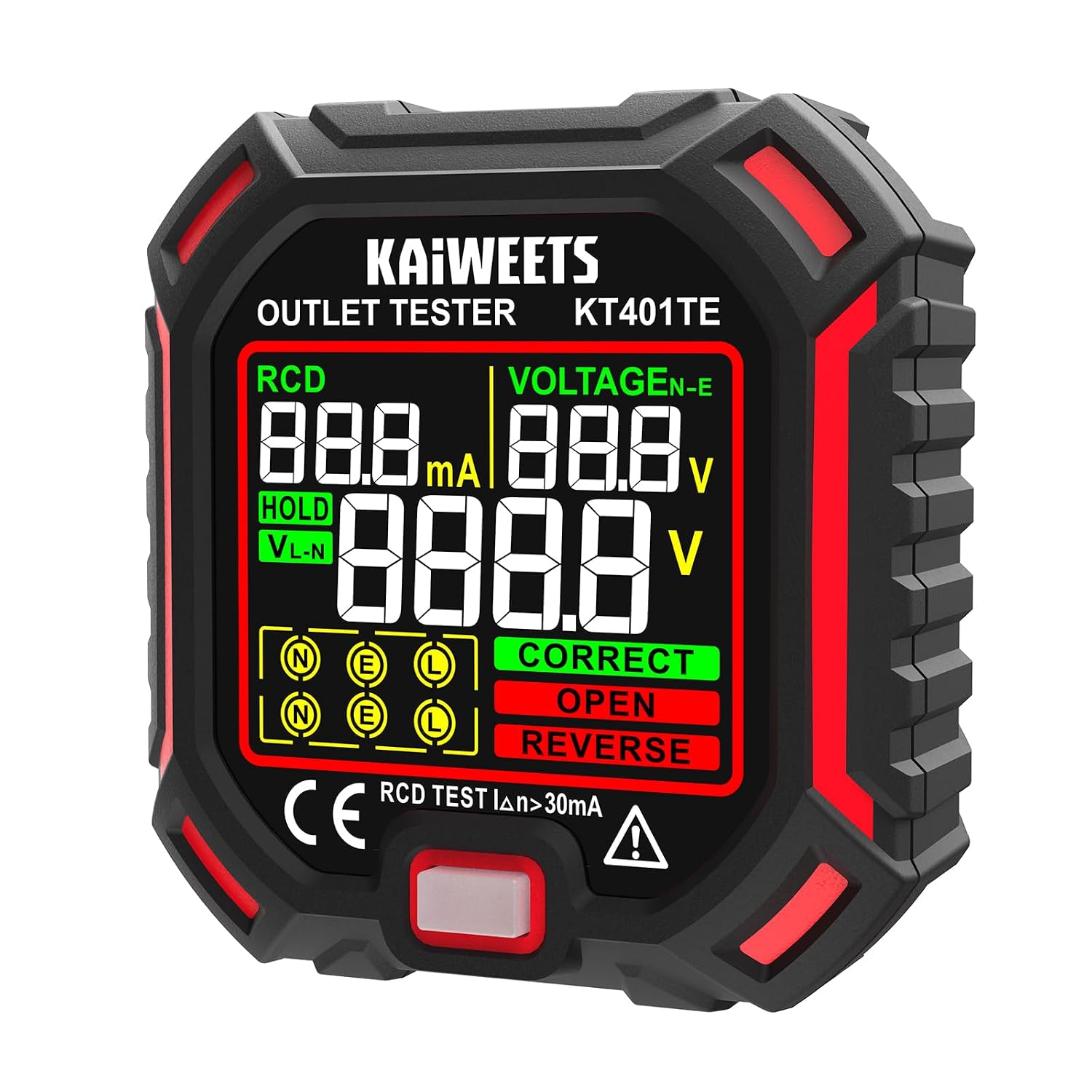 KAIWEETS Tester per prese 7-in-1 con test RCD e display LCD a colori, misurazione tensione e dispersione, 200–250 V, CAT II 300 V
